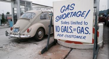 A sign at a gas station during the gasoline shortage and energy crisis of the 1970s