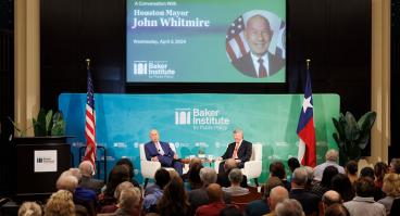Photo of John Whitmire and Ed Emmett onstage at Baker Hall.