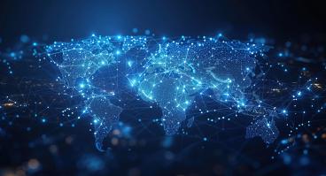 Map of world showing cities connected by digital nodes