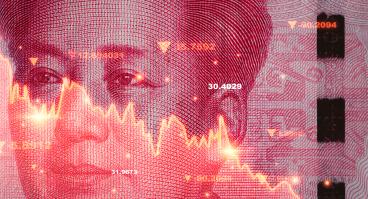 Mao Tse Tung face on Yuan banknotes with stock market decreasing graph chart for Trading currency exchange money transfer and China economy recession concept.