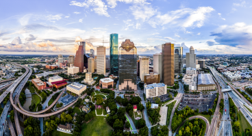 Ariel cityscape view of downtown Houston Texas with park in foreground