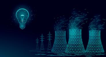 line drawing of nuclear power station and light bulb