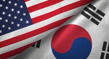 United States and South Korea two flags textile cloth, fabric texture