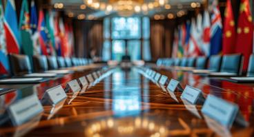 Rendering of World Trade Organization delegates finalizing international trade agreements