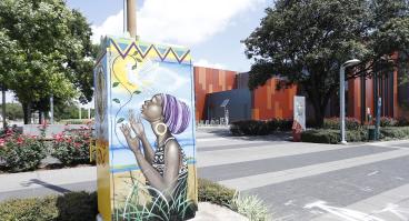 A decorated utility box at Emancipation Park, Tuesday, June 8, 2021, in Third Ward, Houston.