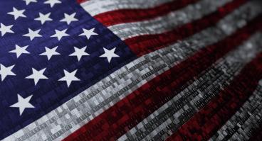 Waving national flag of the United States of America. Woven flag concept animation with digital binary numeric computer code running through the flag.