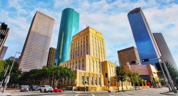 City hall with skyscrapers in Houston, Texas