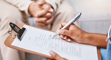 Nurse, clipboard and pen for checklist with patient, healthcare service and medical information.