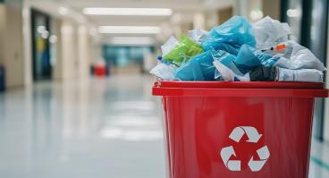 Recycling bin in a hospital filled with medical waste