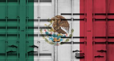 Shipping container with Mexican national flag overlay.