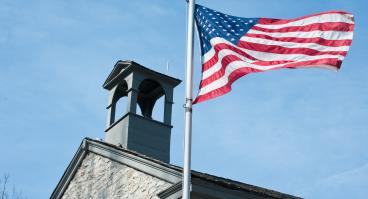 Church with American flag. 