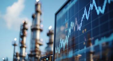 Screen showing oil data chart near oil refining infrastructure