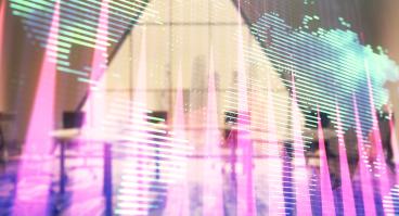 Double exposure of stock market graph with globe hologram on conference room background