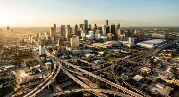  Houston city, aerial shot at sunset