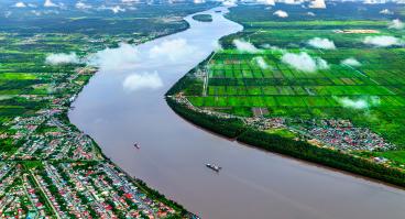Aerial view of the Demerara river south of Georgetown in Guyana, South America 