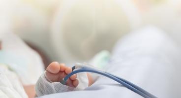 Infant or newborn baby feet with pulse oximeter for determine oxygen saturation in baby's blood, in incubator at intensive room care in the hospital after delivery.