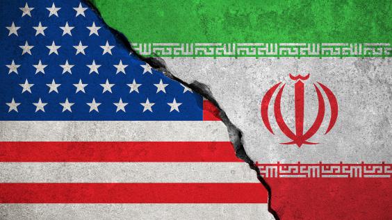 The flags of the U.S. and Iran fusing together as stone.