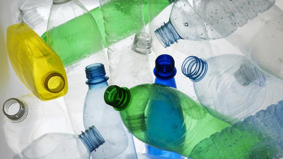 Plastic bottles of various colors.