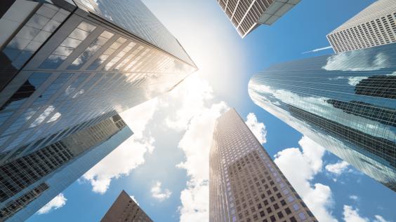 An upward view of Houston's skyscrapers.