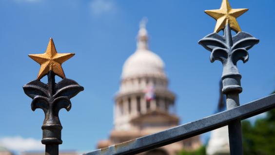 A star design on a gate, with the Texas State Capitol building in the background.