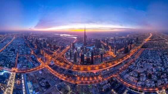 An aerial view of the Dubai skyline.
