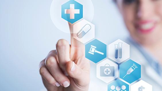 Female healthcare worker lifts finger to press digital buttons featuring topical iconography