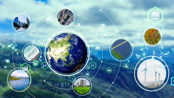 Energy transitions concept: photos and icons represent solar, wind and other alternative resources
