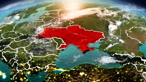 Aerial map of Ukraine, highlighted in red 