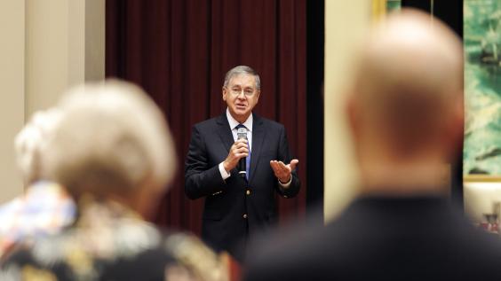 Amb. Satterfield speaks to guests at an event in Dore Commons
