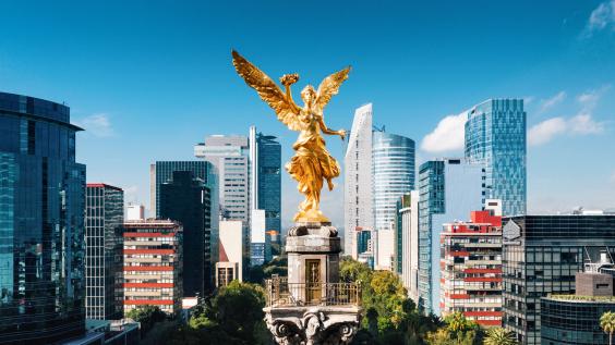 Aerial view of Independence Monument (golden angel statue) in Mexico City