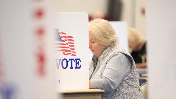 Seated woman votes in New Hampshire primary election