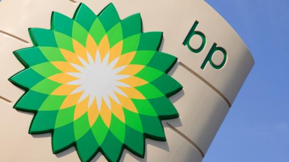 BP logo on signage, against blue sky