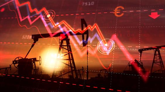 A graph of a market crash overlays a pumpjack.