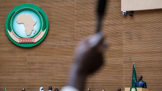 Senegal's president and chairperson of the African Union address the public