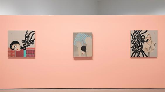 Gallery wall from Hayv Kahraman’s exhibition, The Foreign in Us, at Rice's Moody Center for the Arts
