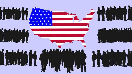 Illustration of US (shape) and those seeking asylum just outside