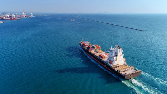  Aerial view container ship going to sea port for import export