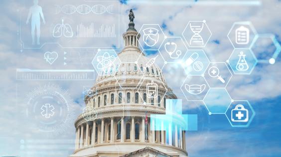 Capitol dome building exterior with health care digital medicine hologram overlay