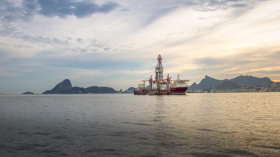 Drillship at Guanabara Bay with Sugar Loaf and Corcovado on background - Rio de Janeiro, Brazil