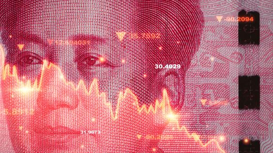 Mao Tse Tung face on Yuan banknotes with stock market decreasing graph chart for Trading currency exchange money transfer and China economy recession concept.