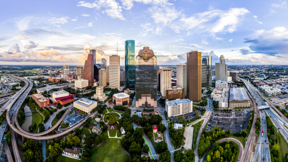 Ariel cityscape view of downtown Houston Texas with park in foreground
