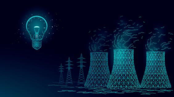 line drawing of nuclear power station and light bulb