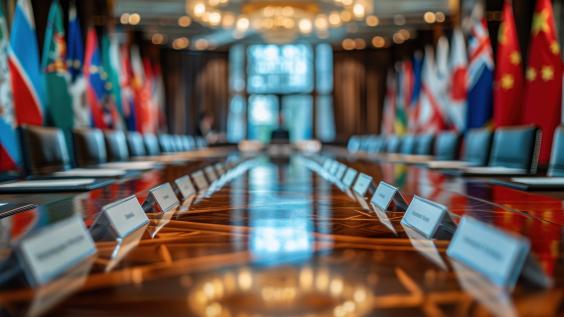 Rendering of World Trade Organization delegates finalizing international trade agreements
