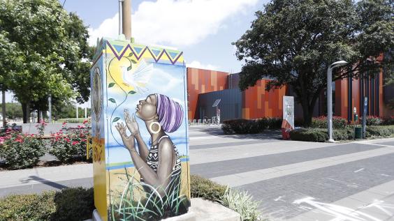A decorated utility box at Emancipation Park, Tuesday, June 8, 2021, in Third Ward, Houston.