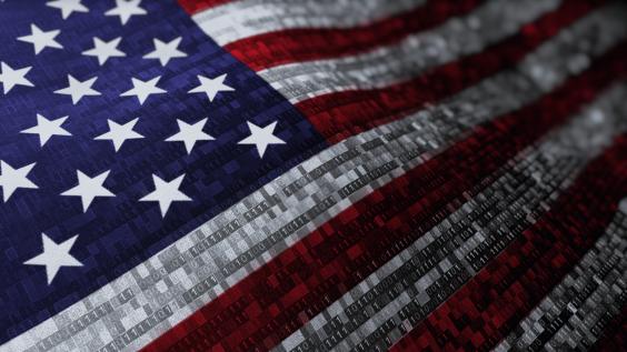 Waving national flag of the United States of America. Woven flag concept animation with digital binary numeric computer code running through the flag.