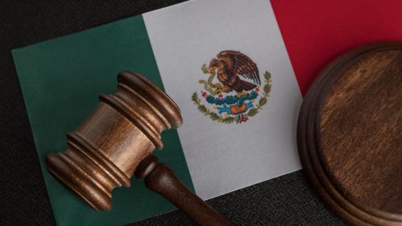 Judge gavel on flag of Mexico. Mexican legislation. 