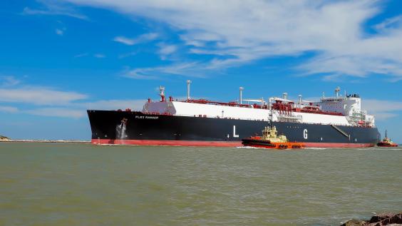 PORT ARANSAS, TX - 22 FEB 2020: The FLEX RANGER, a blue LNG Tanker Ship, on the shipping channel between the Gulf of Mexico and Corpus Christi, Texas