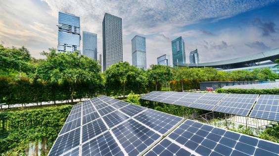 solar panels with cityscape