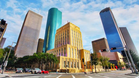 City hall with skyscrapers in Houston, Texas