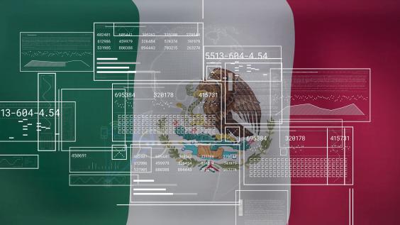 Digital screens over Mexican flag